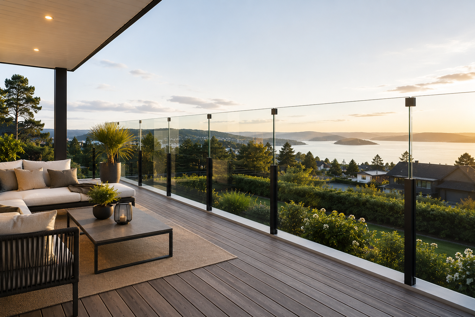 Moderne glassrekkverk til terrasse med åpent utsyn